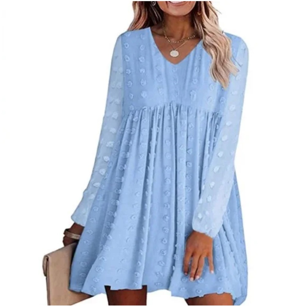 Kirundo women's light blue swiss dot babydoll dress long sleeve V-neck size S